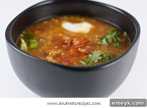 Hearty Spicy Red Lentil and Tomato Soup, topped with a dollop of yogurt.