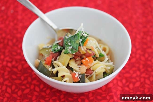 Colorful Easy Vegetable, Bean and Pasta Soup, brimming with fresh ingredients.