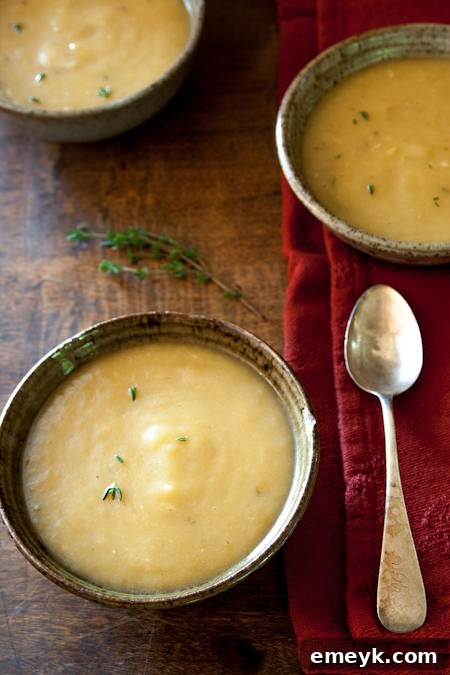 Creamy Roasted Garlic Cheddar Bisque, served in a rustic bowl.