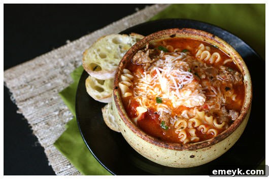 Hearty Lasagna Soup, featuring pasta, meat sauce, and creamy cheese.