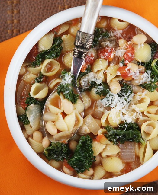Traditional Italian Pasta Fagioli, a hearty soup with pasta, beans, and vegetables.