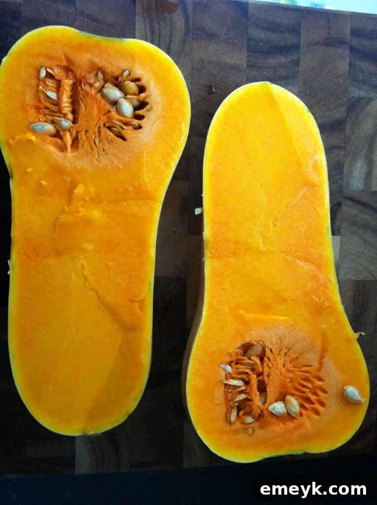 Prepared Butternut Squash Halves Butternut squash halves with seeds removed for roasting