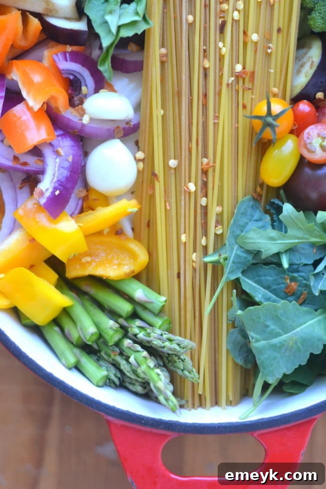 One Pot Farmer's Market Pasta, a bright and beautiful meal featuring fresh, seasonal vegetables and pasta.