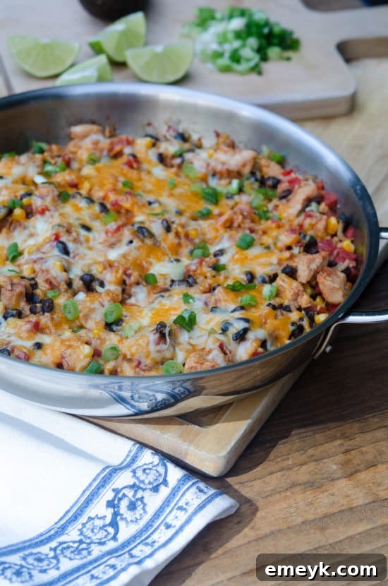 Tex-Mex Chicken and Rice Skillet, a quick and easy dinner with simple ingredients cooked together.