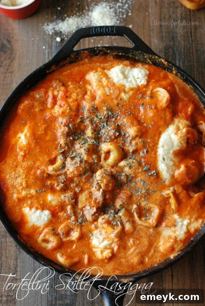 Tortellini Skillet Lasagna, a quick and easy weeknight meal featuring tortellini and lasagna flavors.
