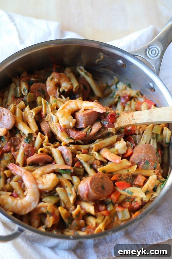 One Pot Shrimp Gumbo Pasta, a dish packed with Cajun and Italian flavors, easy to make in one pot.