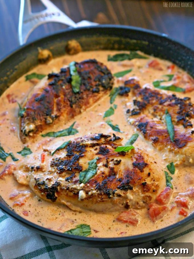 Skillet Basil Cream Chicken, a cozy dish with tender chicken in a creamy basil sauce, served in a cast iron skillet.