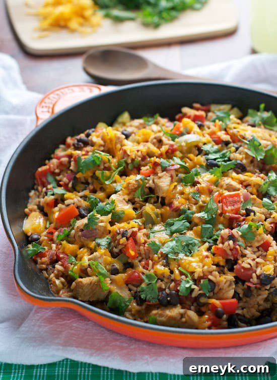 One Skillet Spicy Ranch Chicken recipe, featuring chicken, black beans, and a southwest ranch sauce, cooked in a single pan.