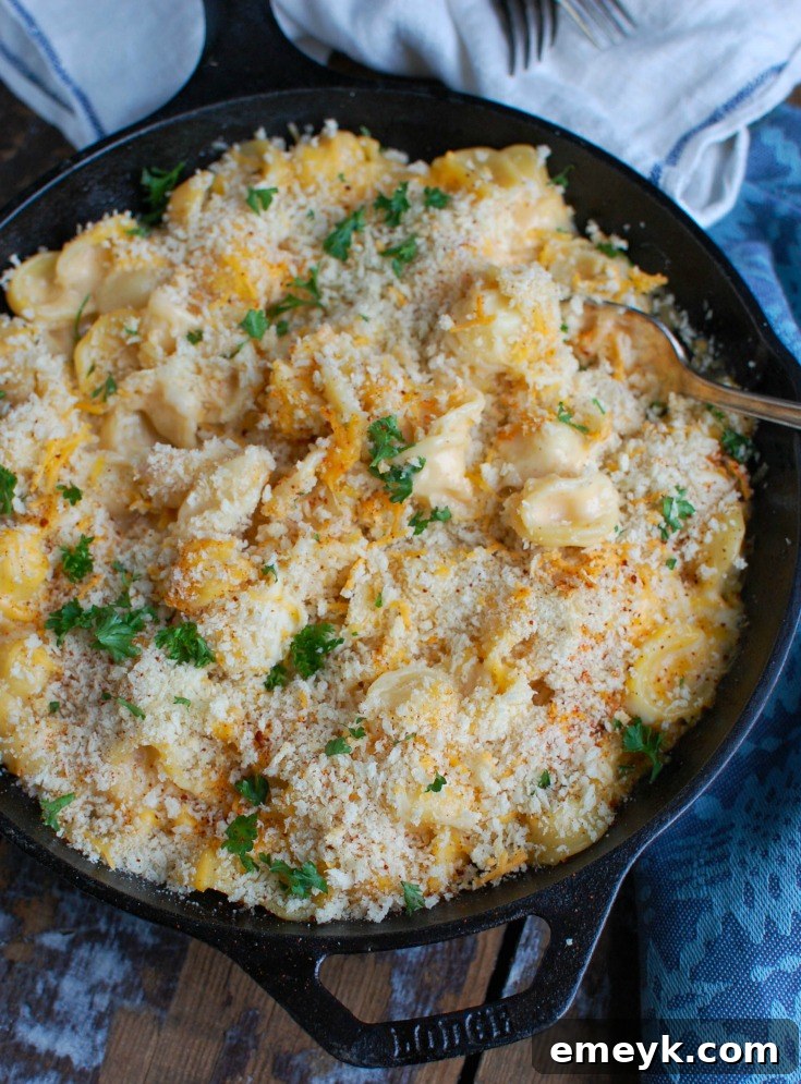 Close-up of baked mac and cheese with bread crumbs in a skillet, showing its golden crust.