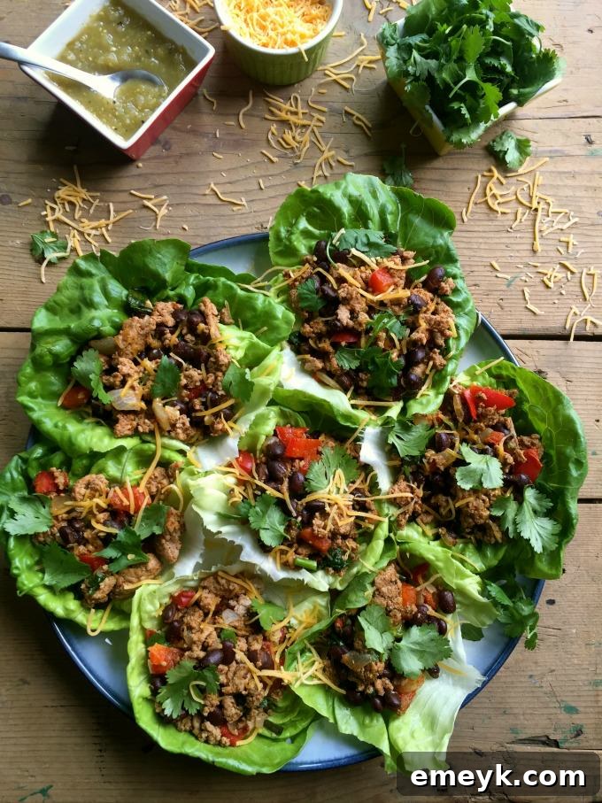 Crisp Mexican Turkey Wraps 2 Delicious and healthy Mexican Turkey Lettuce Wraps served on a plate with fresh toppings.