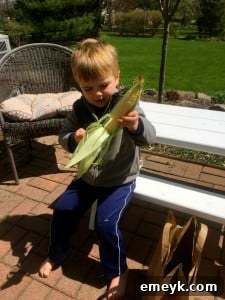 Close-up of Will husking a cob of corn, focusing on the fresh kernels.