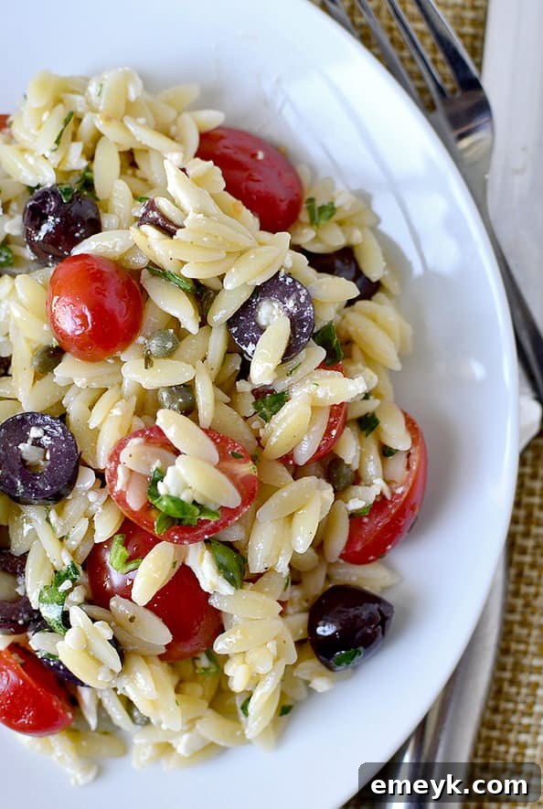 Light and refreshing Mediterranean Orzo Salad with fresh herbs and colorful vegetables.