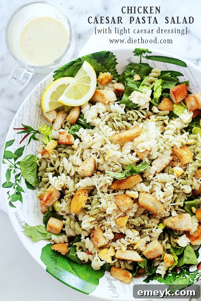 Hearty Chicken Caesar Pasta Salad with light Caesar dressing.