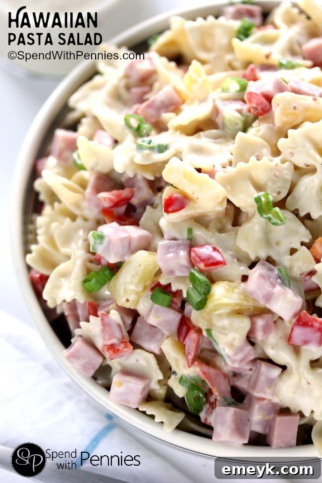 Tropical Hawaiian Pasta Salad with sweet pineapple, tender ham, and a creamy dressing.