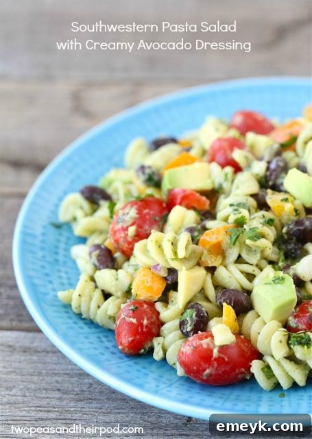 Zesty Southwestern Pasta Salad with black beans, corn, and a creamy avocado dressing.