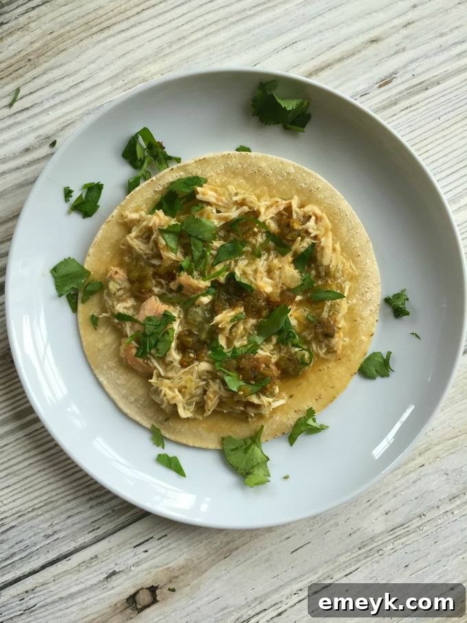 Simmered Salsa Verde Chicken Tacos 7 Close-up of shredded Slow Cooker Salsa Verde Chicken Tacos in a bowl with toppings