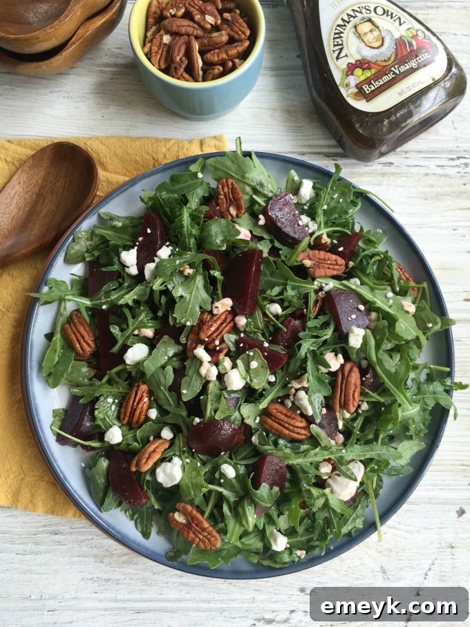 Newman's Own Balsamic Vinaigrette bottle alongside the Roasted Beet Salad