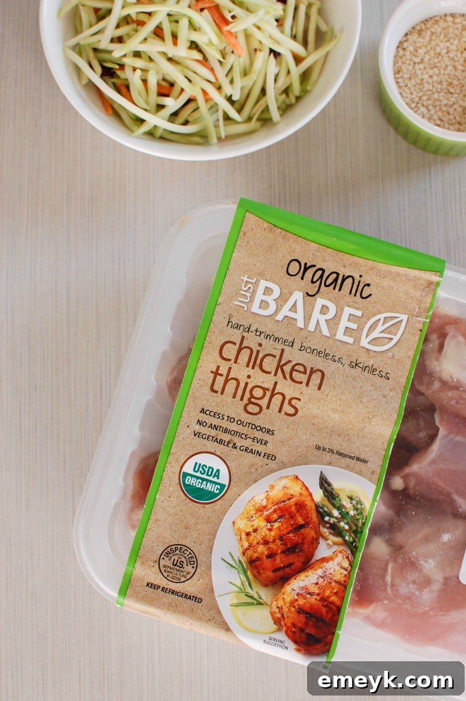 Raw Just BARE Organic Boneless Skinless Chicken Thighs, perfectly trimmed and ready for slow cooking.