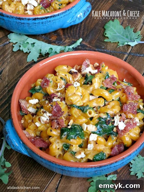 Creamy Stovetop Kale Macaroni and Cheese, a healthier comfort food.