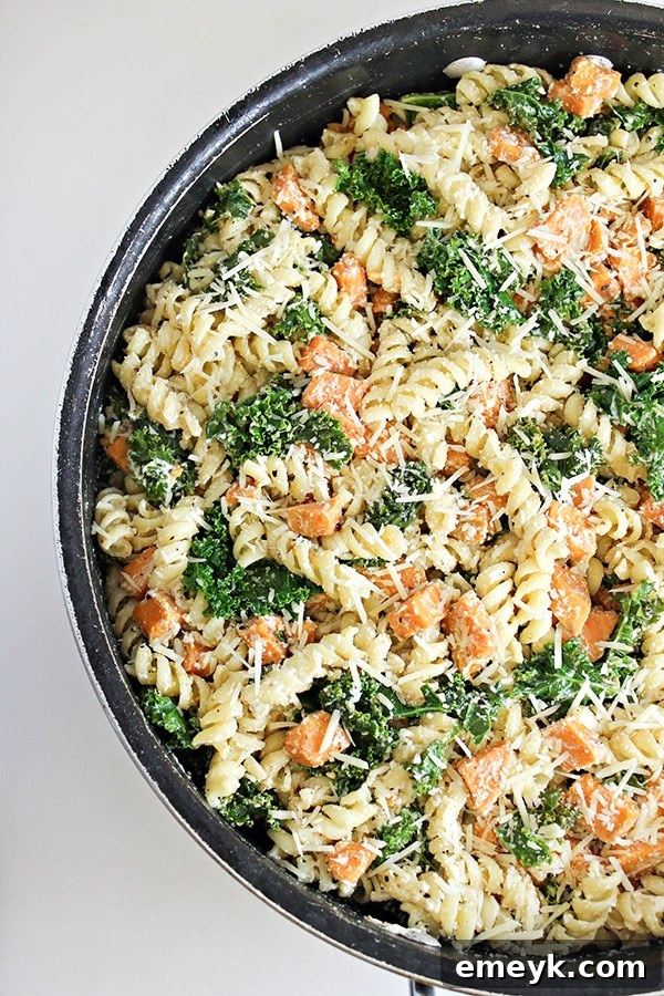 Comforting Sweet Potato & Kale Pasta Skillet meal.