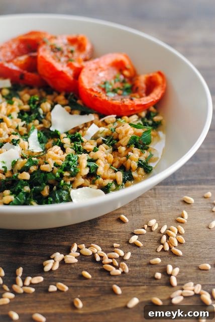 Hearty Farro and Kale Risotto topped with vibrant roasted tomatoes.