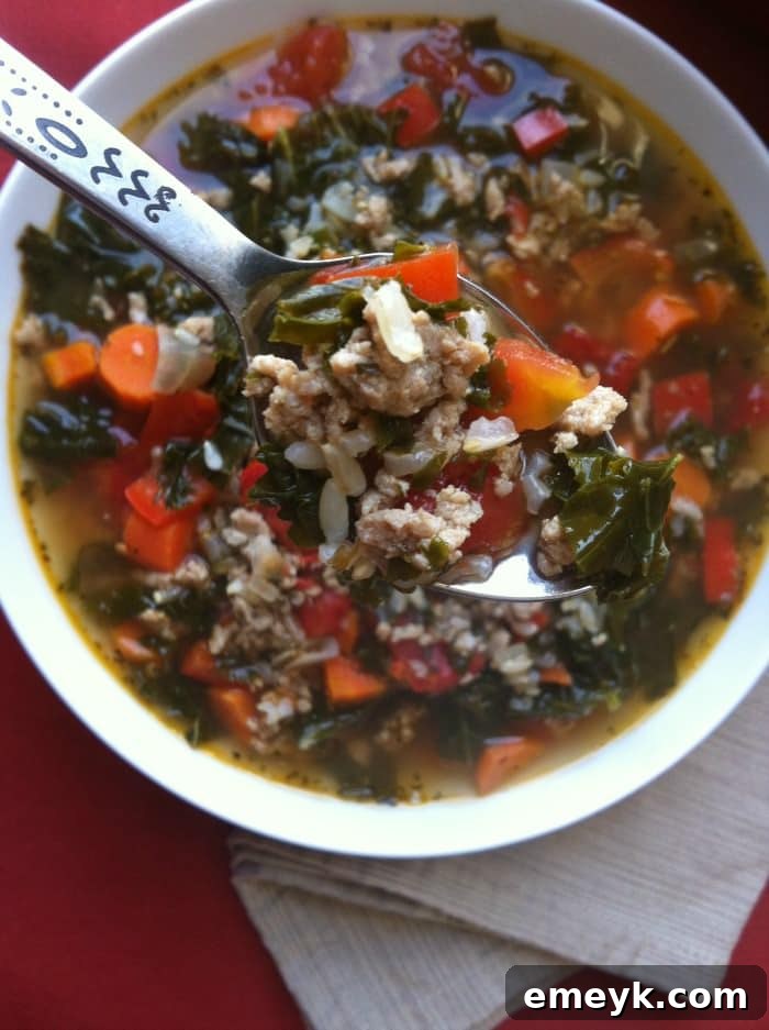 Hearty Turkey, Kale and Brown Rice Soup, perfect for a healthy meal.