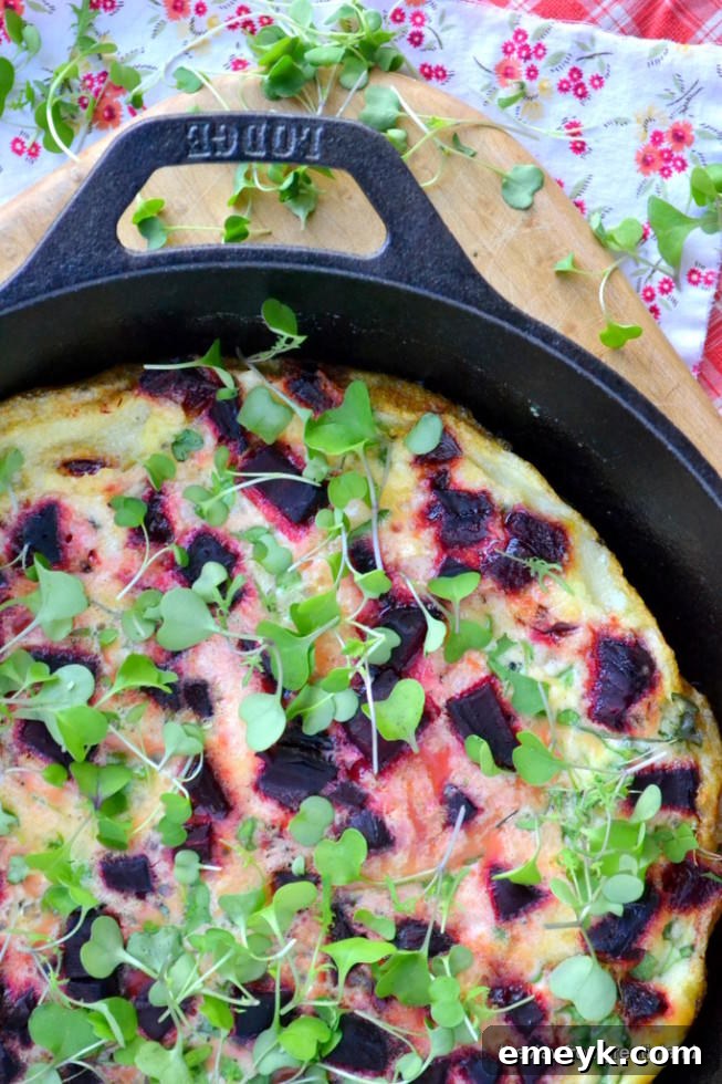 Colorful Roasted Beet and Micro Kale Egg White Frittata.