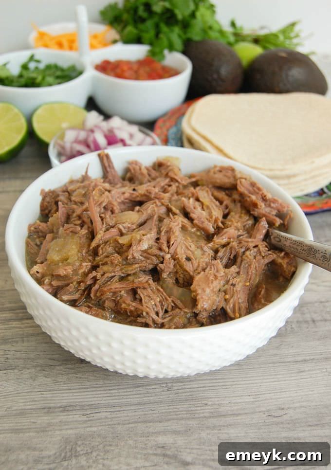 Close-up of Slow Cooker Shredded Beef in a bowl, ready for serving
