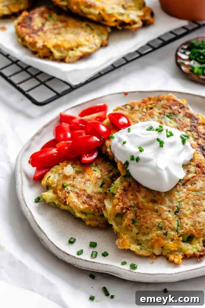 Easy Zucchini Fritters with tomatoes and sour cream, showcasing crispy edges and tender insides, perfect for a snack or side.