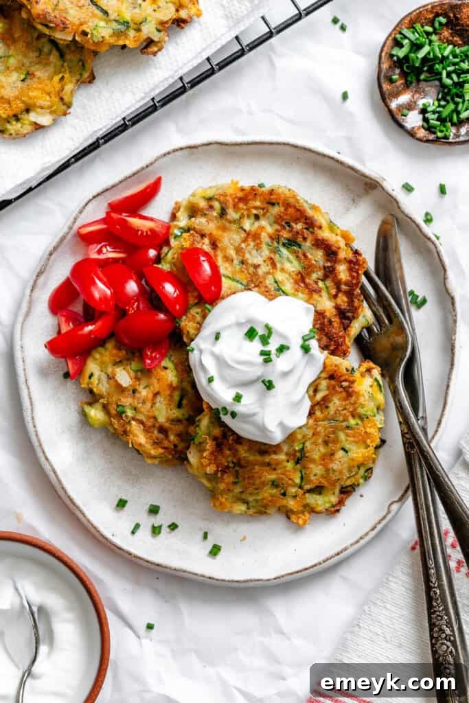 A beautifully presented plate of Easy Zucchini Fritters, garnished and ready for enjoyment.
