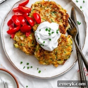 Easy Zucchini Fritters 1200 x 1200, a final dish photo of crispy fritters.