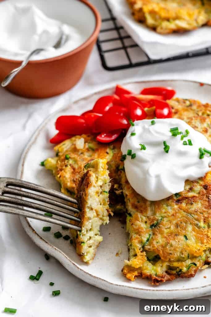 A single Easy Zucchini Fritter being picked up with a fork, showing its golden-brown exterior and fluffy interior.
