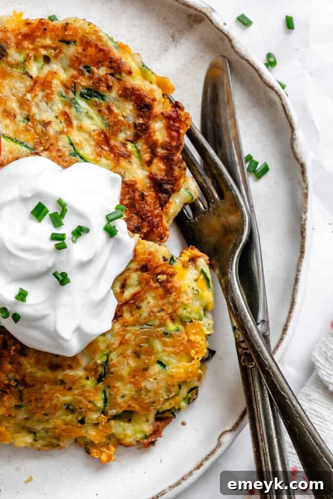 A plate of freshly cooked Easy Zucchini Fritters arranged neatly, ready to be enjoyed as a meal or appetizer.