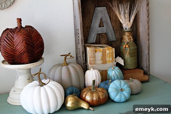 Beautiful chalk-painted pumpkins as rustic fall home decor