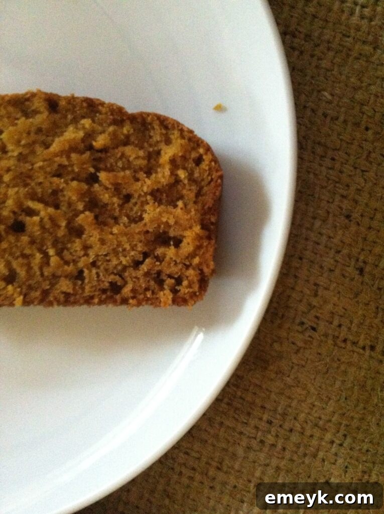 A delicious slice of homemade pumpkin bread, ready to be enjoyed