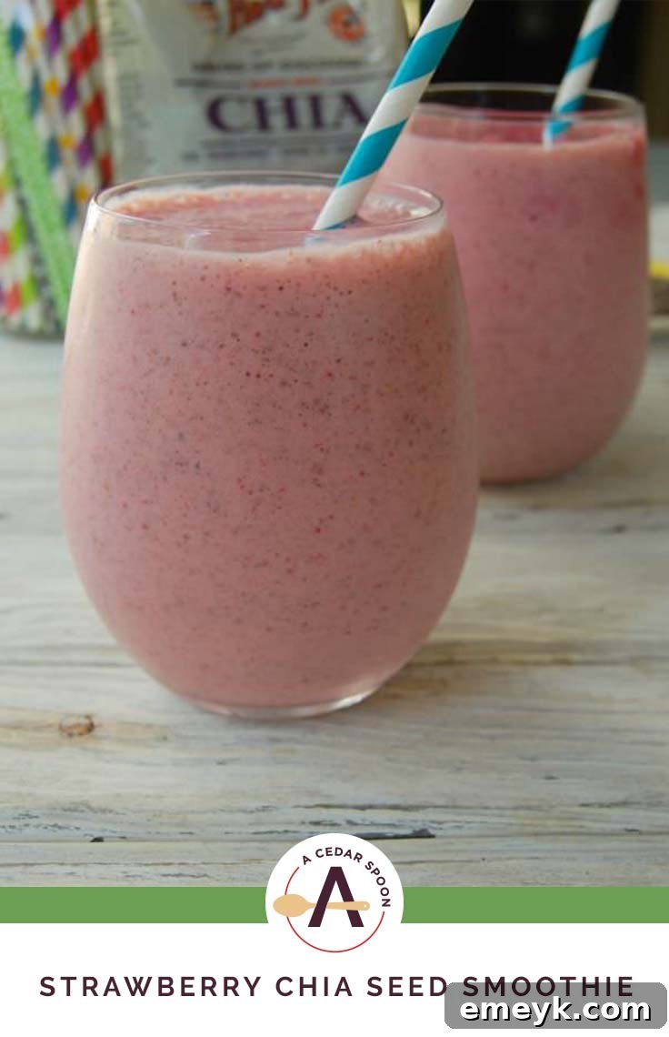 Close-up of a Strawberry Banana Chia Smoothie glass with a blurred background and a logo overlay.