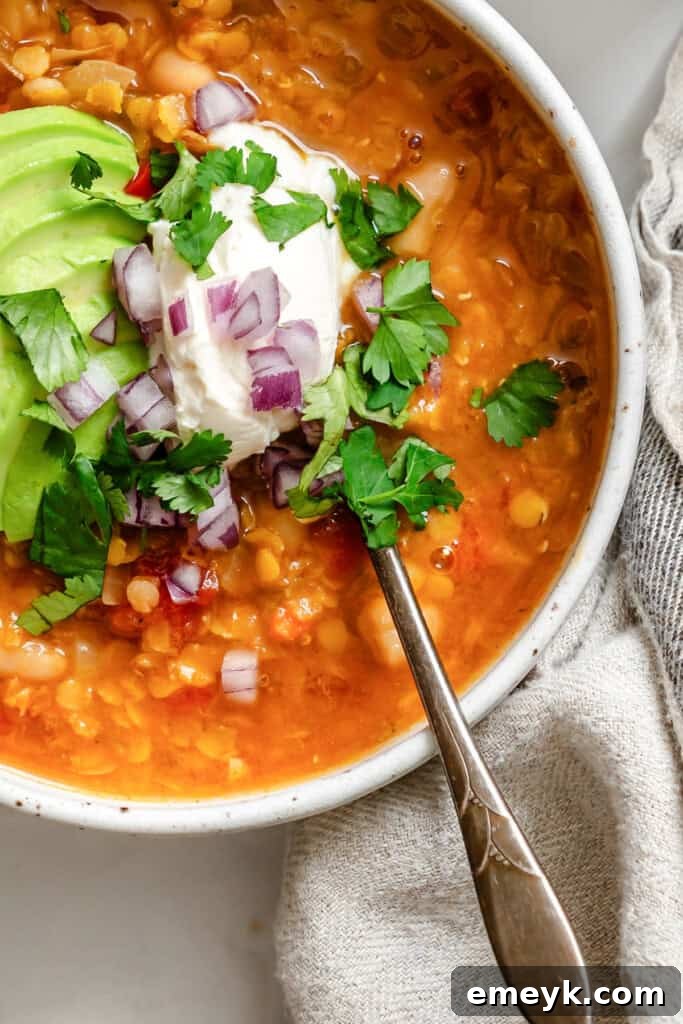 Hearty Lentil Bean Chili 5 Lentil Bean Chili with a spoon in a bowl