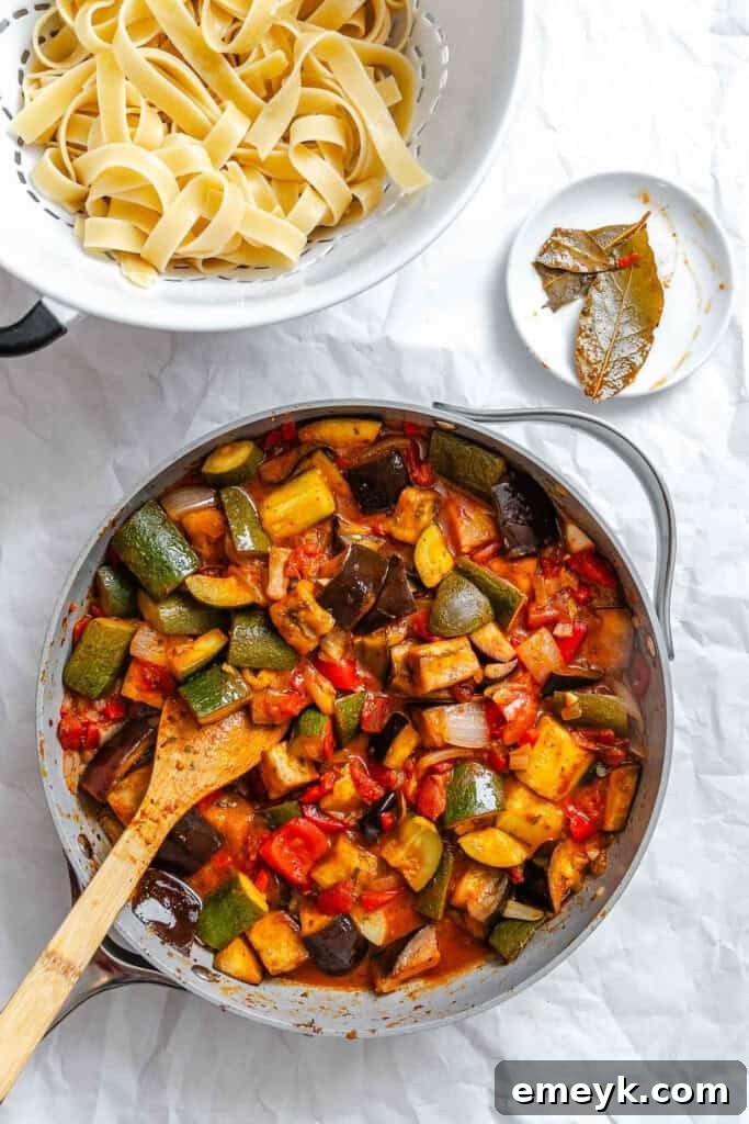 Ratatouille sauce ready in a skillet, awaiting the pasta.