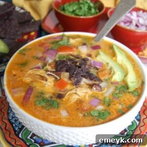 A vibrant bowl of Slow Cooker Mexican Cheesy Chicken Soup, richly garnished and ready to serve.