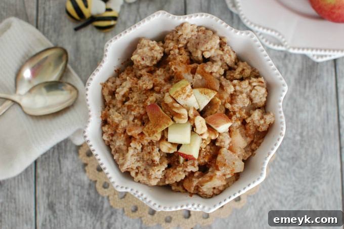 Bowls of Slow Cooker Apple Pie Oatmeal with various toppings