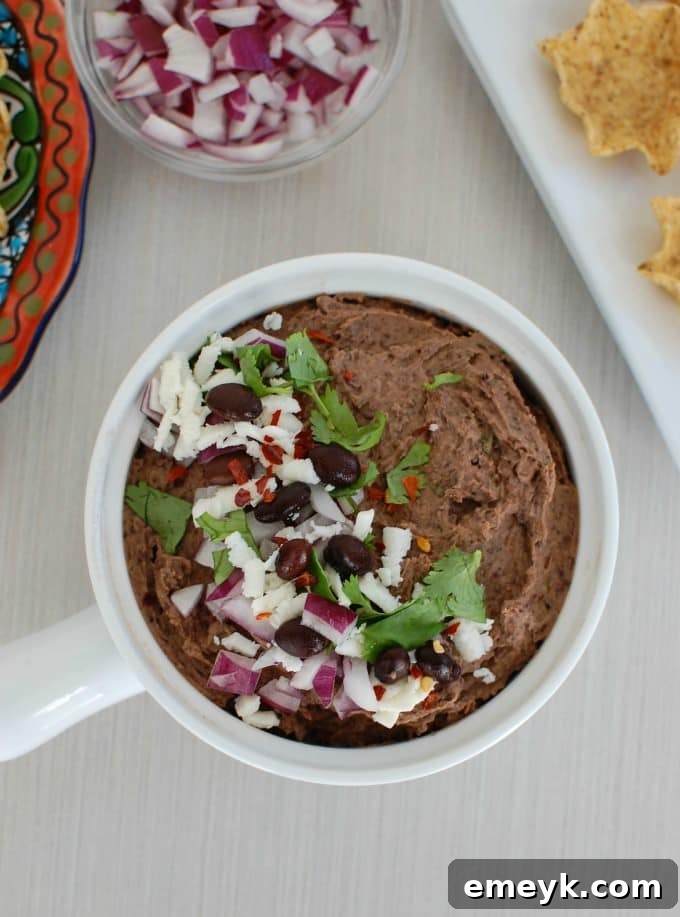 Close-up of Black Bean Dip with vibrant garnishes