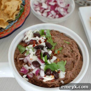 Black Bean Dip with Queso Fresco in a serving bowl