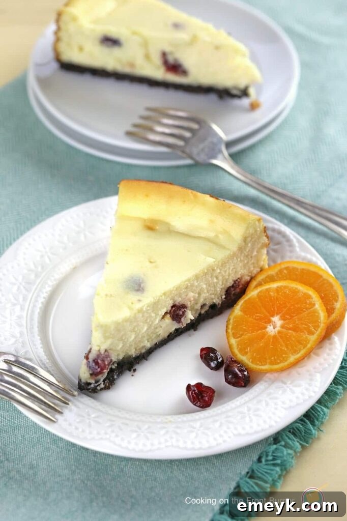 Irresistible Thanksgiving Treats 13 A slice of creamy orange cranberry cheesecake, garnished with fresh cranberries and orange zest.