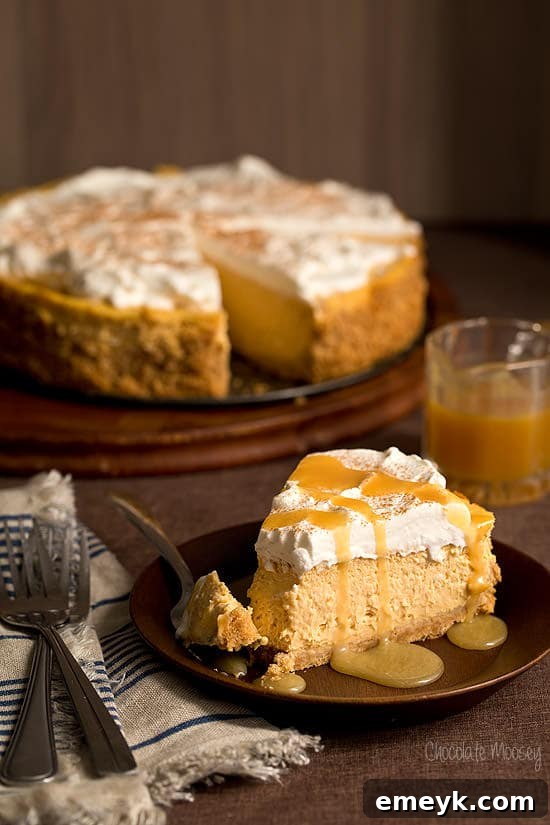 Irresistible Thanksgiving Treats 5 A slice of creamy pumpkin cheesecake with a graham cracker crust, garnished with whipped cream and spices.