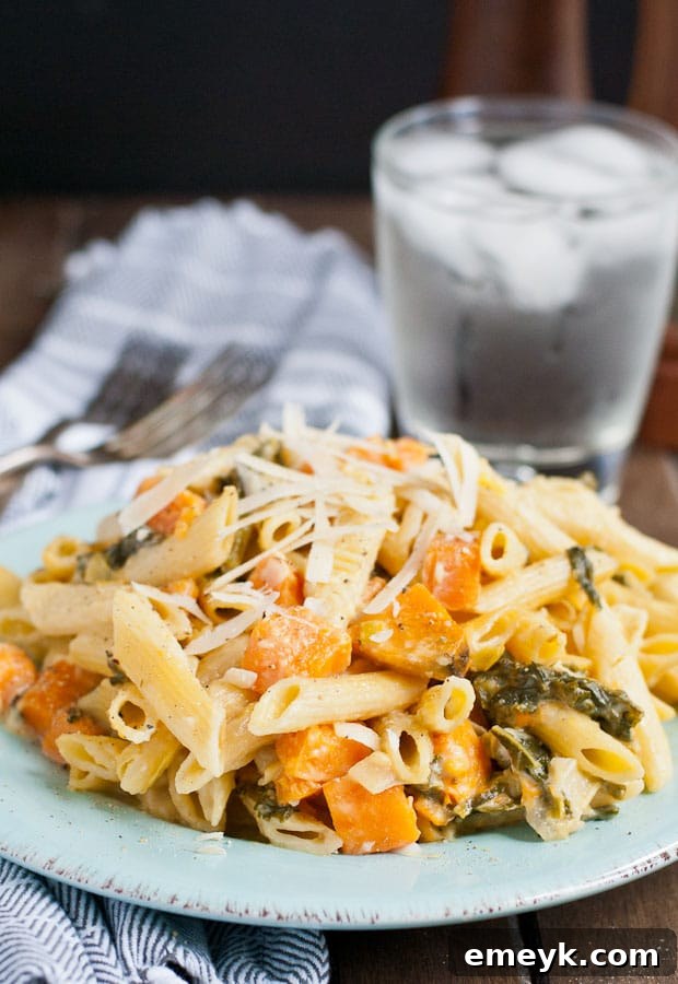 Creamy One Pot Sweet Potato Kale Leek Pasta in a pan