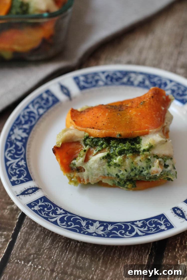 Layers of Vegan Butternut Squash Lasagna with Cashew Cheese and Kale Pesto