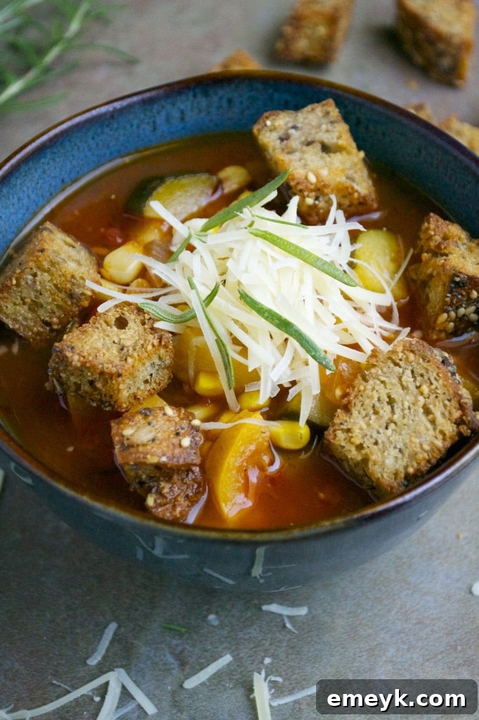 Rustic Rosemary Vegetable Soup with Parmesan Croutons