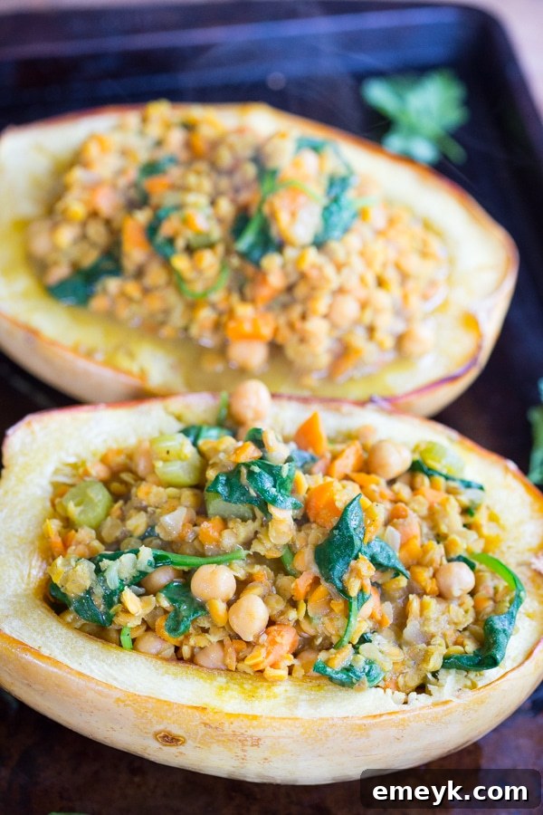 Red Lentil Coconut Curry Stuffed Spaghetti Squash, a healthy and flavorful meal