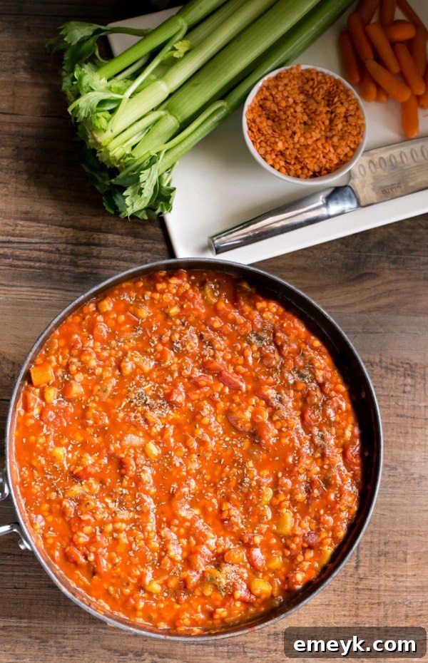Hearty Lentil Bolognese sauce served over pasta