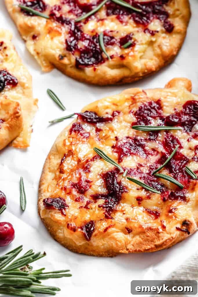 Warm Brie Cranberry Naan on a white paper background, garnished with rosemary